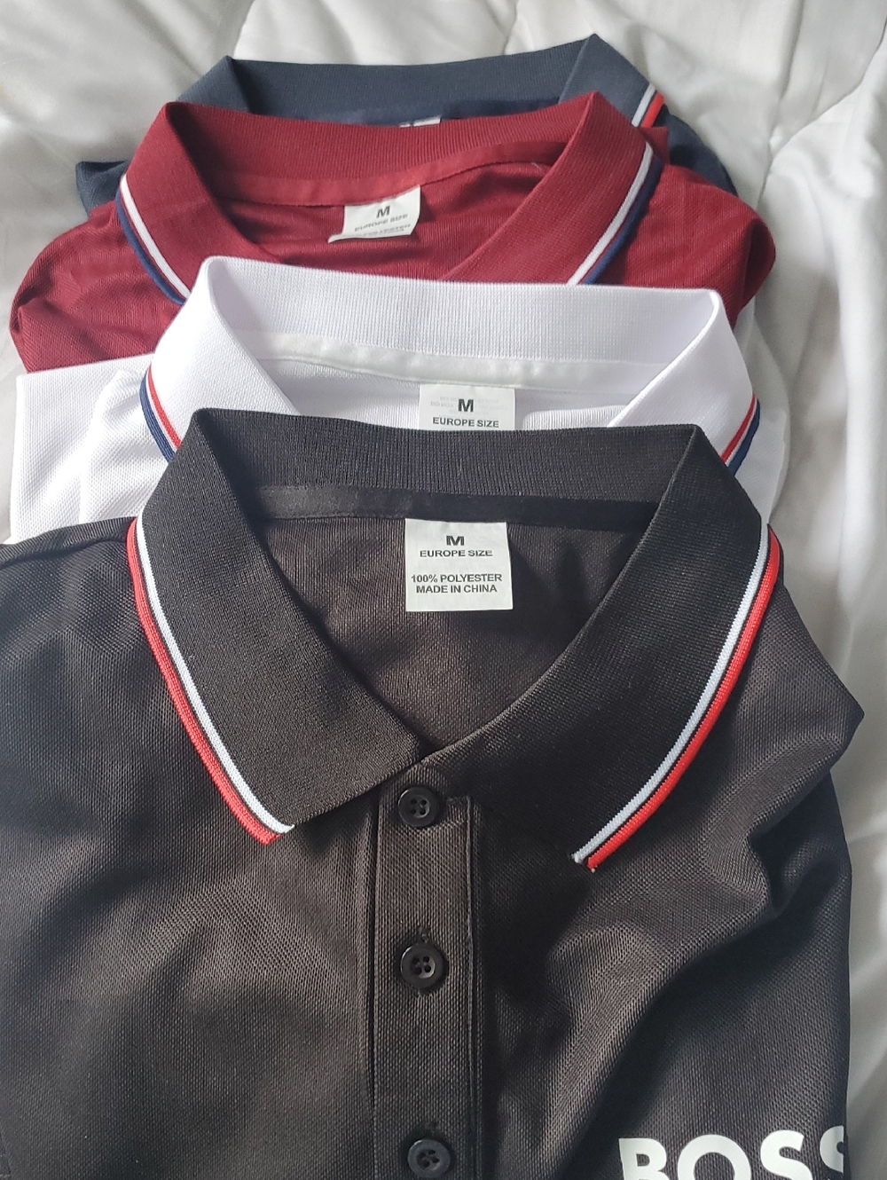 BQSS European Style Black, Burgundy, White And Blue Polo with Red-Trim Collar
